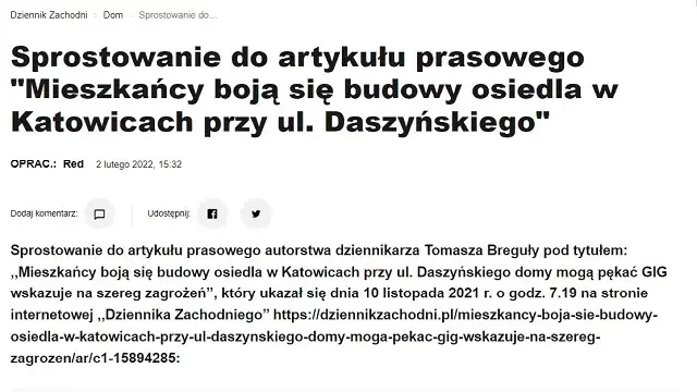 Sprostowanie do&nbsp;artykułu prasowego Dziennika Zachodniego
